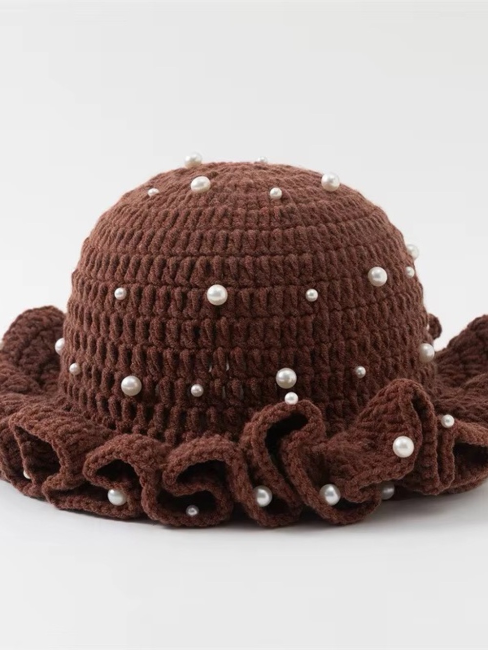 Brown Pearl-Embellished Crochet Sun Hat for women
